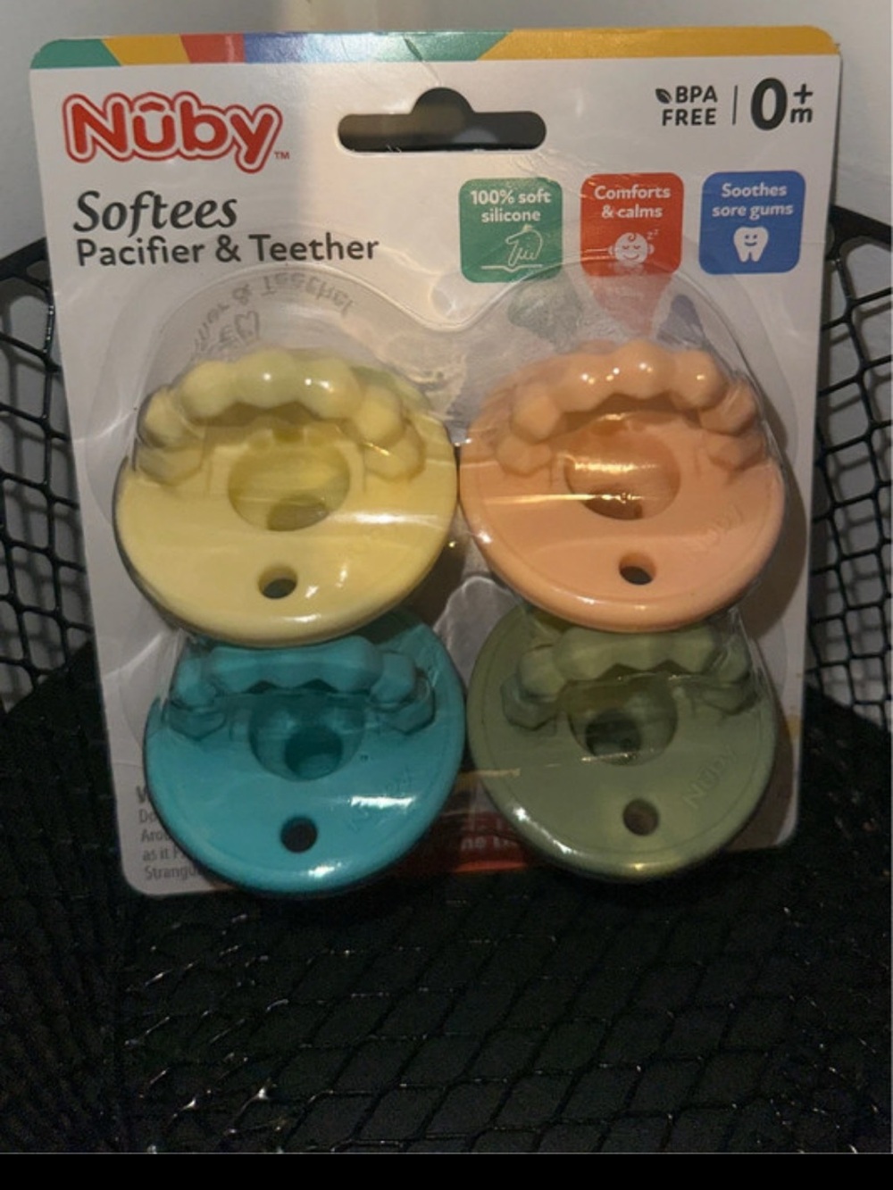 Nuby Softees Pacifier & Teether Set - Yellow, Peach, Teal, Olive